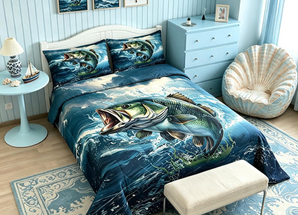 Feelyou Pike Fish Bedding Set Queen Size Bass Big Fish Comforter Set for Kids Boys Girls Decor Fishing and Hunting Comforter Ocean Theme Duvet Set