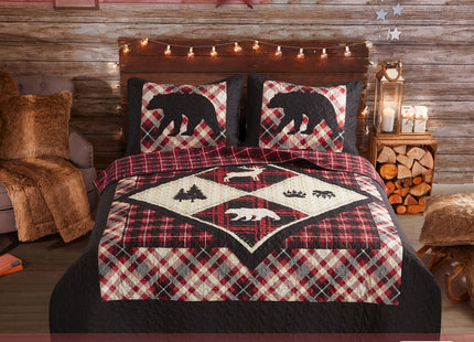 Virah Bella Diamond Bear Lodge 3 Piece Quilt Bedding Set, Rustic Cabin Plaid Country Comforter with 2 Matching Standard Pillow Shams, Soft Lightweight Bedspread for All Season Comfort, Full/Queen