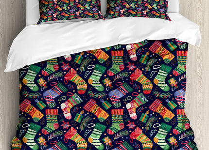Ambesonne Christmas Duvet Cover Sets, Colorful Xmas Stockings with Stars Pine Tree Leaves and Present Boxes, Bedding Set with 2 Duvet Covers & 4 Pillowcases, 2 Pack King Size, Mustard and Multicolor