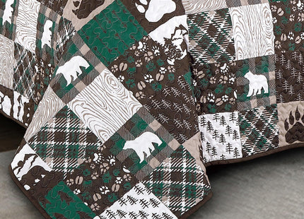 3 Pcs Rustic Cabin Quilt Set Bear Paw Patchwork Lodge Bedding, Brown, Queen