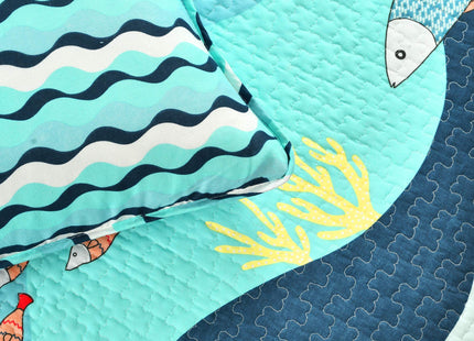 Lush Decor Sea Life Reversible Cotton Quilt Twin Size 3 Piece Set Blue - Kids Bedding Set Twin Quilt Blue - Coastal Bedroom Decor - Beach House
