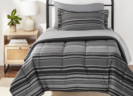Amazon Basics 5-Piece Lightweight Microfiber Comforter Set with Sheets, Bed-in-a-Bag, Gray Calvin Striped Bedding, Twin/Twin XL