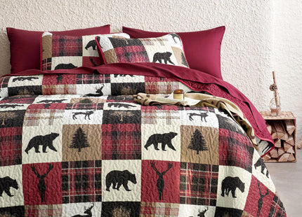 Wake In Cloud - Rustic Quilt Set, Cabin Lodge Christmas Bear Moose Deer Wildlife Western Patchwork Country, Reversible Lightweight Bedspread Coverlet, 3 Pieces, Burgundy Black, Queen/Full Size