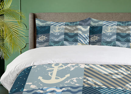 Ambesonne Nautical Duvet Cover Set, Marine Theme Wave Patterns in Patchwork Style Boxes Squares Striped Anchor Print, Decorative 3 Piece Bedding Set with 2 Pillow Shams, King Size, Blue Beige
