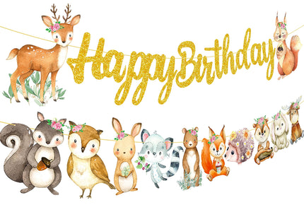 Woodland Animal Happy Birthday Banner Woodland Creatures Banner Decorations 2Pcs Forest Animals Cutout Banners for Woodland Theme Baby Shower Supplies