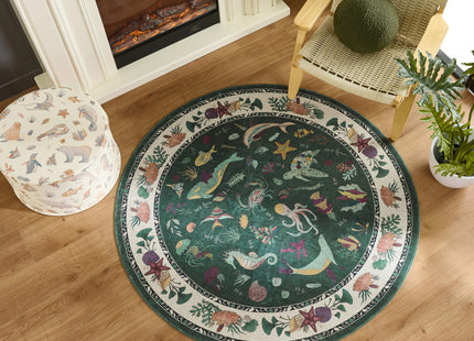 Weaverlane Beachy Coastal Washable Nursery Rug (Emerald, 5' Round)