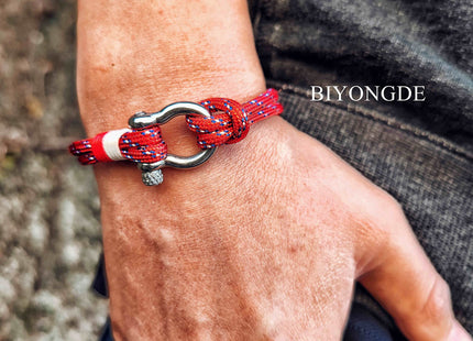 BIYONGDE Red Nautical String Sailor Rope Wrap Bracelet Wristband Bangle Steel Screw Marine Anchor Shackles, Two-row
