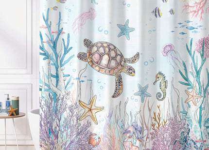 Lifeella Nautical Coastal Turtle Shower Curtain, Teal Starfish Seahorse Funny Ocean Themed Bathroom Decor, 72x72 inch