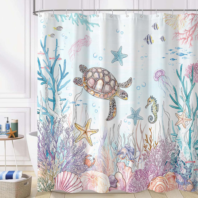 Lifeella Nautical Coastal Turtle Shower Curtain, Teal Starfish Seahorse Funny Ocean Themed Bathroom Decor, 72x72 inch