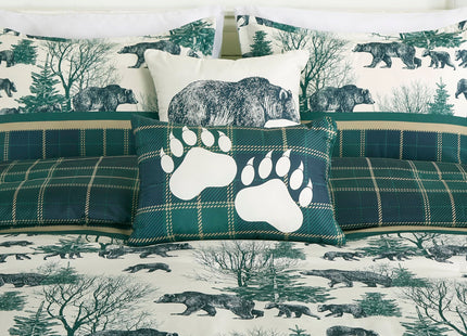 Chezmoi Collection Basin 7-Piece Northwest Cabin Lodge Comforter Set - Blue Green Ivory Tan Grizzly Bear Pine Tree Wilderness Printed Microfiber Bedding, King