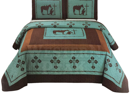 Western Peak Praying Cowboy Horse Barb Wire Star Cabin Lodge Luxury Quilt Bedspread Coverlet Comforter 3 Piece Beige Brown Set (Turquoise King)