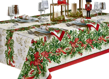 Newbridge Christmas Holly Ribbon Traditions Bordered Set of 4 Fabric Placemats, Boughs of Holly and Berry Ribbon Garland Dining Placemats for Holiday Party