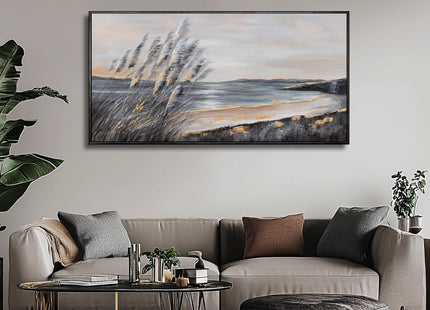 Yuaxker Ocean Wall Art Grey and Black Wall Decor Framed art Aesthetic Coastal Canvas Painting for Living Room Bedroom Dining Room Office Home Decor 24x48 Inch