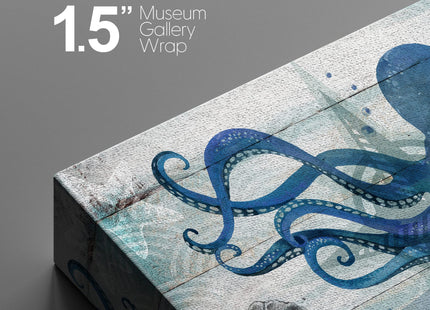 NWT Canvas Print Wall Art Octopus Under The Sea with Shells Amphibians Beach Illustrations Modern Art Nautical Scenic Relax/Calm Blue Ultra for Living Room, Bedroom, Office - 16"x24"