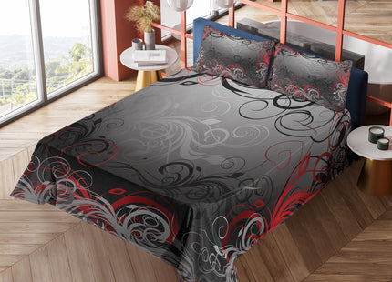Lunarable Abstract Sheet Set, Mystic Forest Floral Swirls Leaves Nature Fading Ombre Effect, Fitted and Flat Sheet with Pillowcases Bedding Accent 4 Piece Set, King, Charcoal Grey Ruby