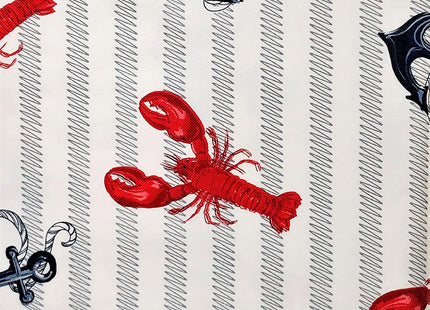 Summer Fun Lobsters & Anchors on Wavy Line Stripes Vinyl Flannel Back Tablecloth, Summer, Nautical, Ocean, Beach-Themed (52" x 90" Oblong)