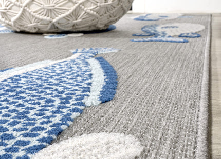 Eyely Fish High-Low Runner Rug 2X8 Gray/Navy, Nautical Indoor Outdoor Rug