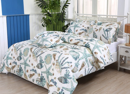 FADFAY Beach Comforter Set Twin 3Pcs Ocean Coastal Summer Quilt 100% Cotton Fabric with Soft Microfiber Inner Fill Bedding Lightweight Reversible All Season Down Alternative Duvet Insert 3Pcs, Twin