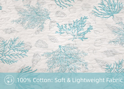 SUCSES 100% Cotton Coastal Quilts 3 Pieces Queen Lightweight Comfortable Quilt Turquoise Ocean Coral Bedspread Coverlet with 2 Shams for Beach Themed Dedroom All Season