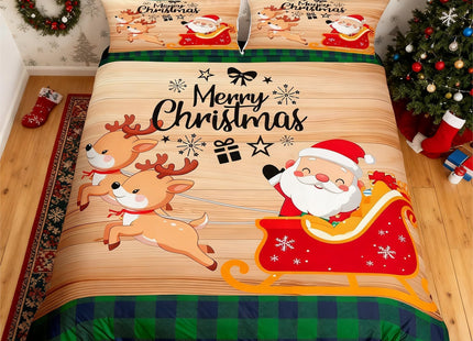 Merry Christmas Bedding Set Twin Size Cute Santa Claus Deer Duvet Cover Set 2Pcs,Black Green Xmas Grid Comforter Cover Kids Girls Boys Room Decor,Brown Rustic Wood Board Quilt Cover,1 Pillowcase