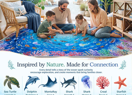 Ocean 5x7 Washable Area Rug for Kids Room, Non Slip Coastal Rug Fish Blue