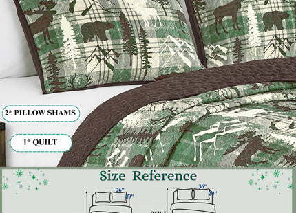 MarCielo 3-Pcs Rustic Cabin Bear Bedspread Quilt Set(Green,Queen)