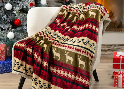 PAVILIA Premium Christmas Sherpa Throw Blanket, Green Red Cabin Design with Reindeer Print, Ultra Soft Reversible Fleece & Sherpa 50x60 Cozy Winter Blanket, Cozy Christmas & Holiday Decor