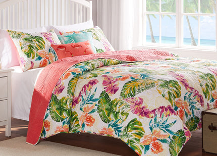 Greenland Home Tropics Palm Leaves Coastal Cotton Blend Quilt Set, 2-Piece Twin/XL, Coral