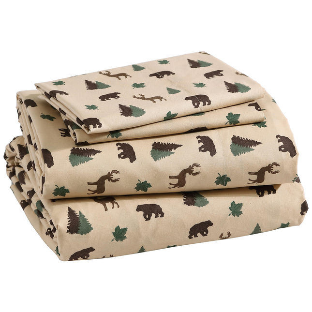Cozy Cabin 4-Piece Queen Microfiber Sheet Set, Brown Tan Green