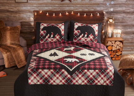 Virah Bella Diamond Bear Lodge 3 Piece Quilt Bedding Set, Rustic Cabin Plaid Country Comforter with 2 Matching Standard Pillow Shams, Soft Lightweight Bedspread for All Season Comfort, Full/Queen