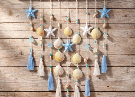 Wenqik Beach Coastal Wall Decor Handmade Ocean Themed 15.75 Inch Boho Wall Art with Starfish Seashells Blue White Beaded Tassel Hanging on Wooden Rod for Farmhouse Bathroom Bedroom Kitchen Dining Room