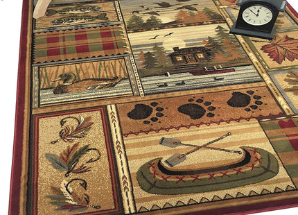 HR Cabin Rug Cabin Area Rug Modern Geometric Design Cabin Area Rug Abstract, Beige/Multicolor Design– Leafs/Nature/Kayak/Duck/Lodge by The Lake