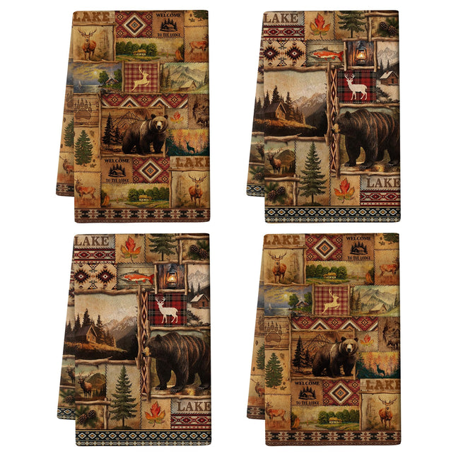 Pintukee Vintage Rustic Kitchen Towel Set of 4, Lodge Bear Mountain Dish Towels for Kitchen Soft Absorbent Country Cabin Decor Hand Drying Baking Cooking Cloth, Farmhouse Decor 16" x 24"