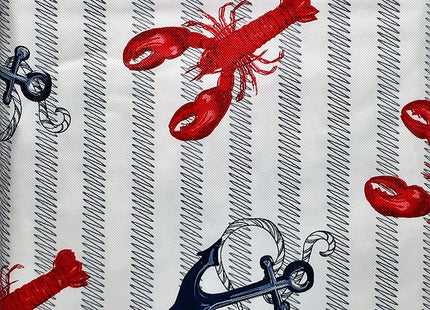 Summer Fun Lobsters & Anchors on Wavy Line Stripes Vinyl Flannel Back Tablecloth, Summer, Nautical, Ocean, Beach-Themed (52" x 90" Oblong)