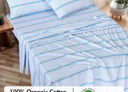RUVANTI 100% Cotton Organic Percale King Sheets, Nautical Stripes