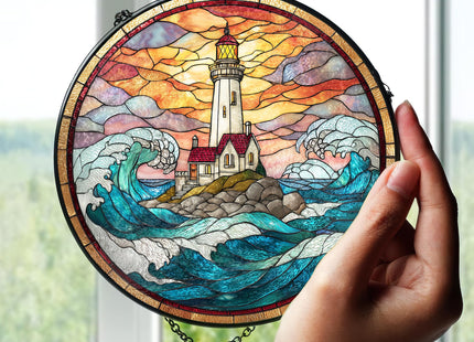 FIVITY 7.8" Lighthouse Suncatcher Stained Glass Window Hanging Ocean Light House Sun Catchers Blue Coastal Ornaments Wall Art Home Garden Room Door Decor Birthday for Women Men