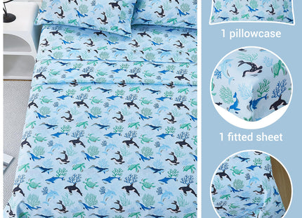 Viviland 3 Pieces Boys Blue Ocean Twin Sheet Set - Soft Microfiber Fitted Flat Sheets & Pillowcase - Blue Ocean Whales, Sea Turtles, Marine Organisms Bedding Sets - for Kids & Toddlers