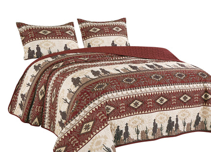 WPM World Products MART Western Beige/Burgundy Cowboy Desert Southwestern Print Bedspread 3 Piece west Theme Cabin Lodge Ranch Design Coverlet Quilt Set-Kadence 22366 (Spice, Queen)
