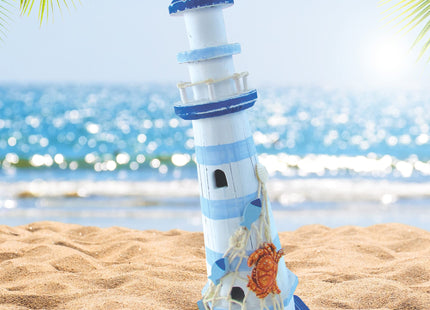 COTA Global Light Blue Stripes Lighthouse Decor - Handmade and Crafted Wooden Lighthouse Decoration with Crab, Decorative Beach Style Tabletop Centerpiece – 12.25 Inches