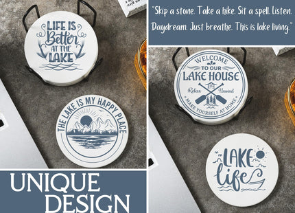 Onebttl Lake House Gifts Theme Coaster for Drinks, Set of 6 - Lake Sayings