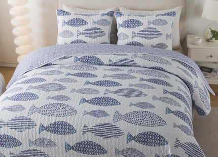 SLPR - Coastal Nautical Fish Quilt Set, Twin with 1 Sham, Lake Bedding