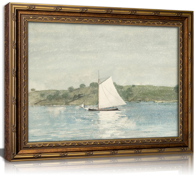 Vintage Gold Framed Sailboat Watercolor Painting, Coastal Landscape Canvas Wall Art, Nautical Home Decor for Living Room Bedroom, Office Bathroom Ready to Hang