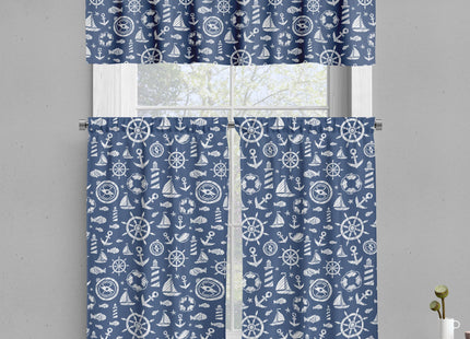 Ambesonne Sailboat Valance & Tier Curtain 3 pcs Set, Diagonal Hatched Nautical Elements Ship's Wheel Anchor and Marine Animals, Window Treatments for Room Kitchen Decor, 55" x 24", Blue and White