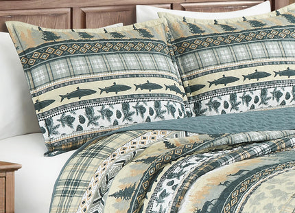 Chezmoi Collection Lake 3-Piece Lodge Quilt Set King - Multicolor Pine Tree Fish Deer Explorer Mountain Printed Microfiber Lightweight Bedspread Set for All Season