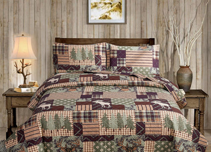 Smuge 3-Piece Moose Pine Tree Reversible Quilt Set, Checked Color Stripe Rustic Home Lodge The Wilds Quilted Bedspread Coverlet Bedding Set, Lightweight Breathable for All Season (Twin, White Deer)