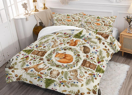 VTKON Woodland Animals Comforter Set Twin, 2Pcs Cute Fox Pattern Forest Creature Pattern Bedding for Girls, Soft Microfiber Duvet with 1 Comforter and 1 Pillowcase All Season