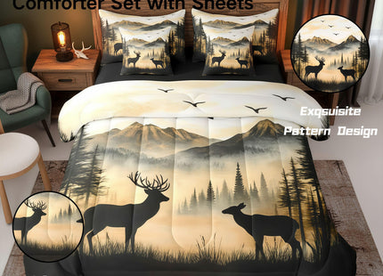 jejeloiu Western Rustic Cute Deer Cabin Comforter Set Full with Sheets for Kids Boys Girls Hunting 7 Pieces Bedding Set Country Farmhouse Bed in a Bag Foggy Mountain Room Decor