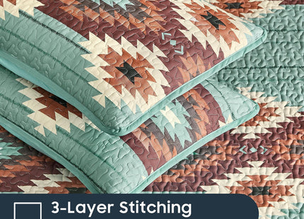Wake In Cloud - Western Quilt Set, Aztec Southwestern Rustic Farmhouse Country Cabin with Geometric Pattern, Reversible Lightweight Bedspread Coverlet, 3 Pieces