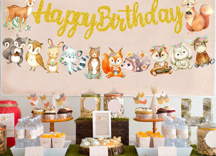 Woodland Animal Happy Birthday Banner Woodland Creatures Banner Decorations 2Pcs Forest Animals Cutout Banners for Woodland Theme Baby Shower Supplies