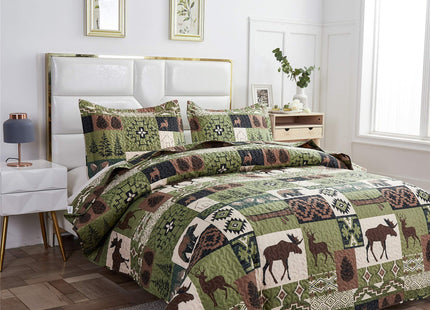 Ycosy Rustic Lodge Quilt Set Moose Elk Bedspread King Size Forest Bear Deer Quilt Matcha Green Reversible Festive Cabin Coverlets Farmhouse Decor Bed Cover Sets with 2 Pillow Shams